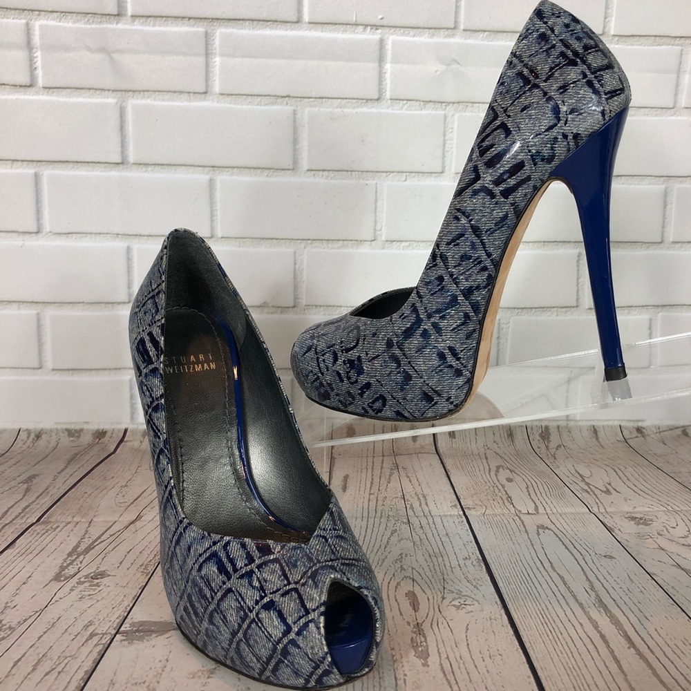 Stuart Weitzman Peeptoe 4.75” Platform Heels Blue
